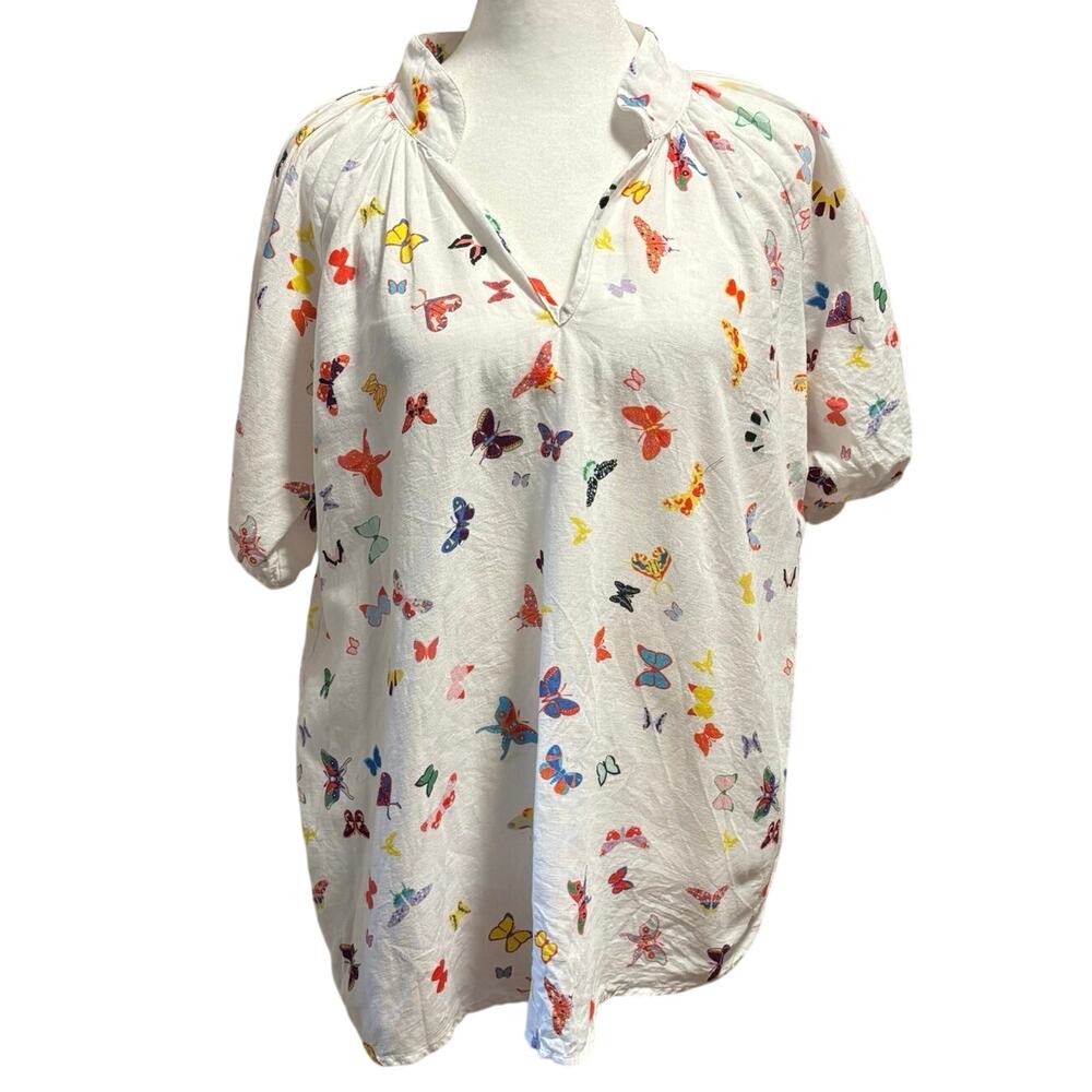 Sheridan French Size S 100% Linen Puff Sleeve Blouse Top Butterfly Print FLAW